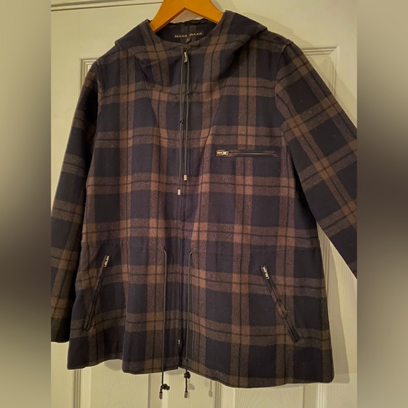 Jenne Maac Navy/Hunter Green Tartan Zip Up Hooded Wool Fall Jacket Size Large - Picture 1 of 11